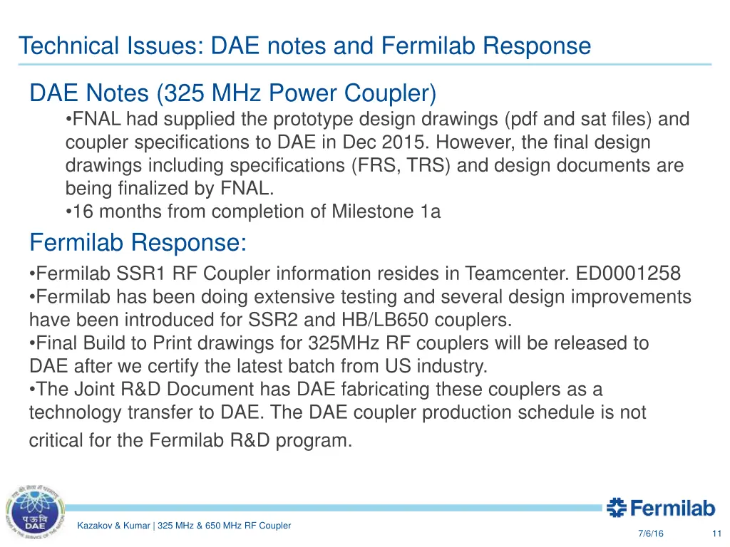 technical issues dae notes and fermilab response