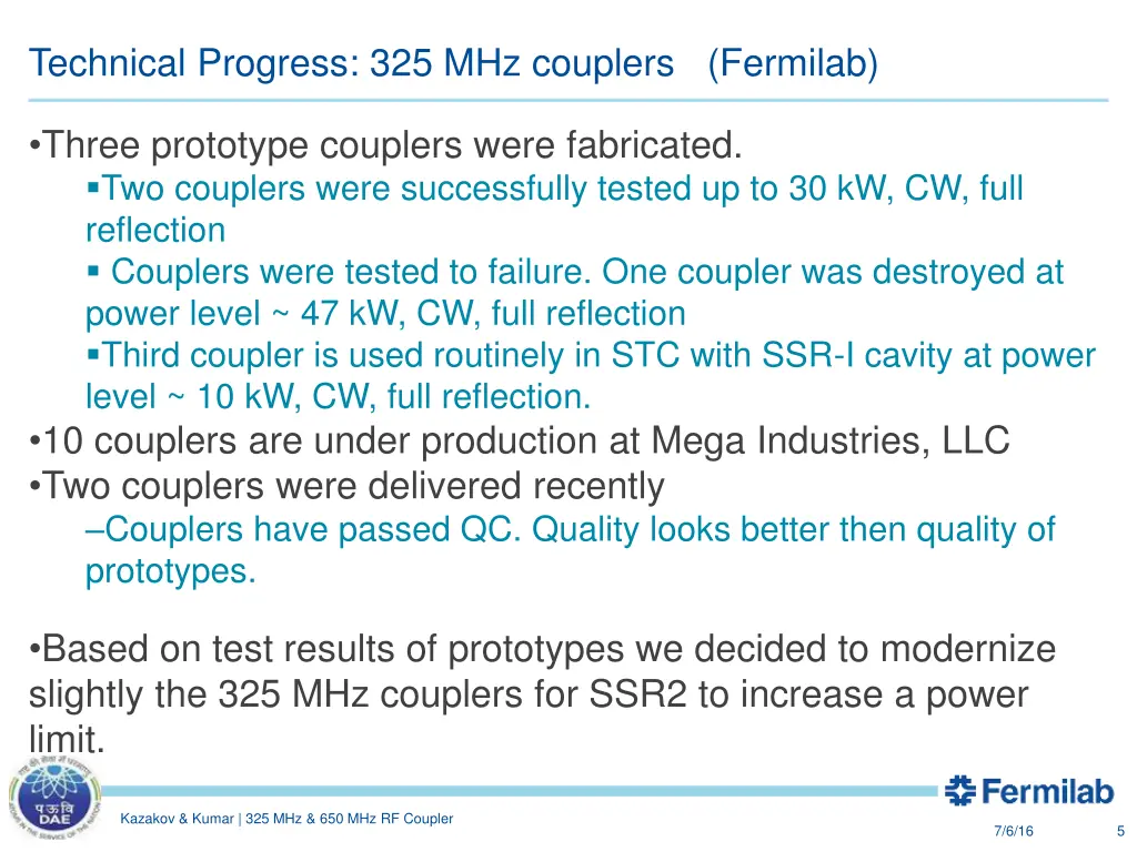 technical progress 325 mhz couplers fermilab