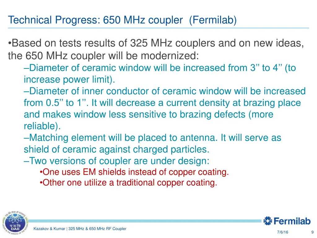 technical progress 650 mhz coupler fermilab