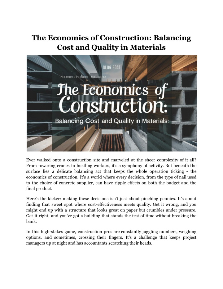 the economics of construction balancing cost