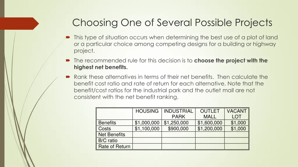 choosing one of several possible projects