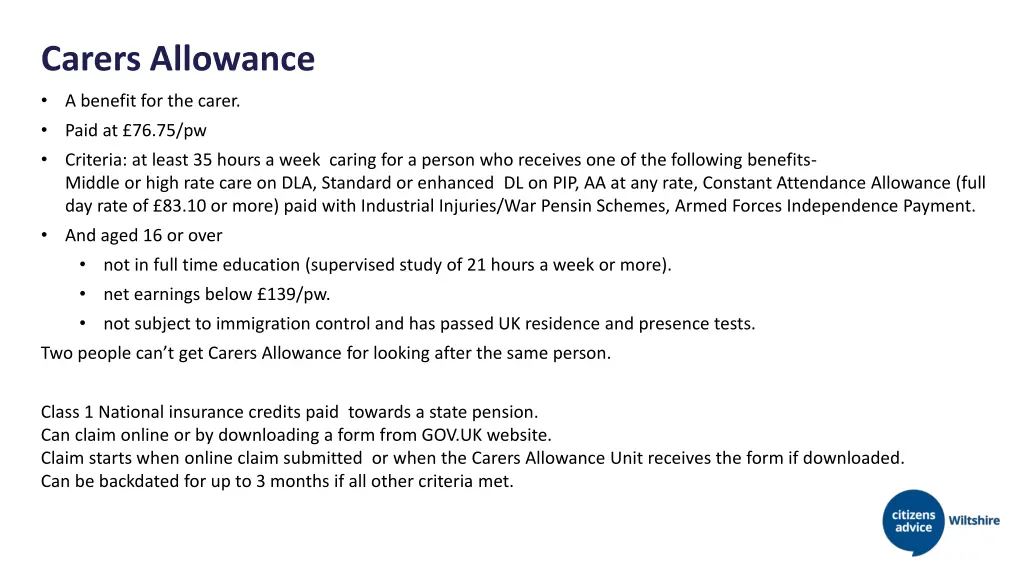 carers allowance a benefit for the carer paid