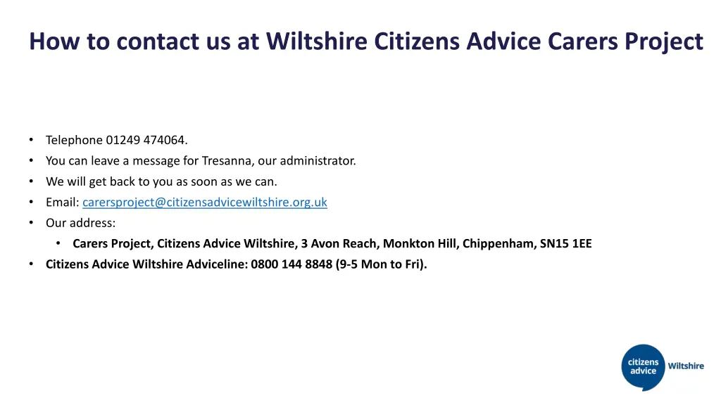 how to contact us at wiltshire citizens advice