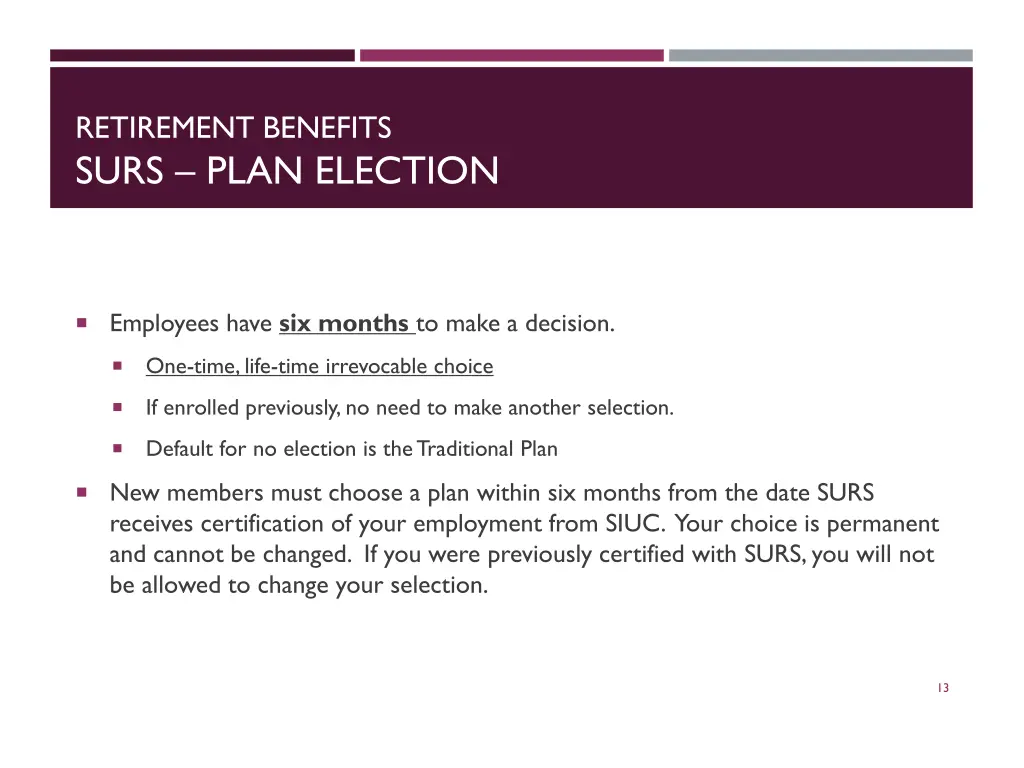 retirement benefits surs plan election