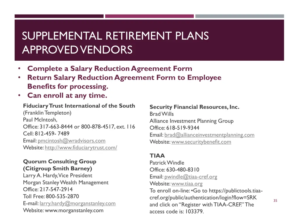 supplemental retirement plans approved vendors