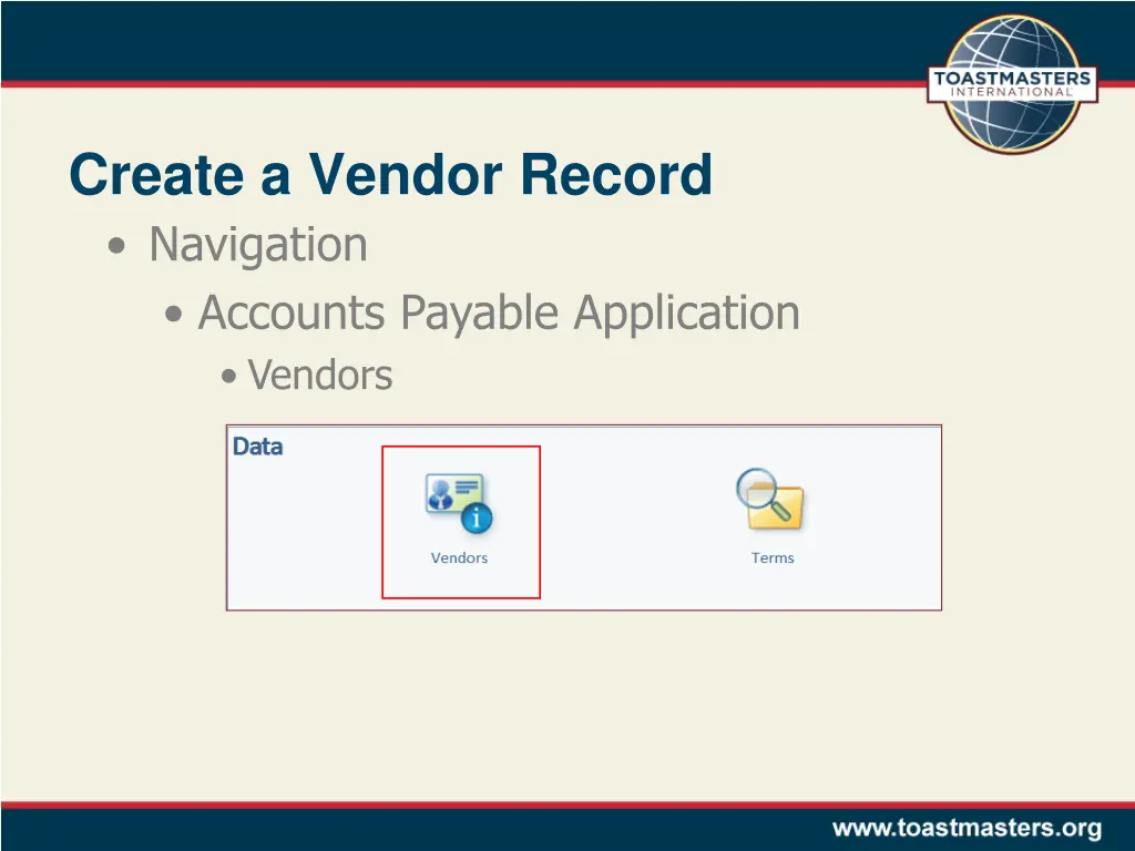 create a vendor record navigation accounts