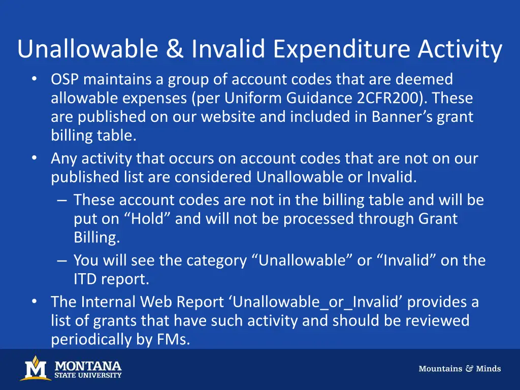 unallowable invalid expenditure activity