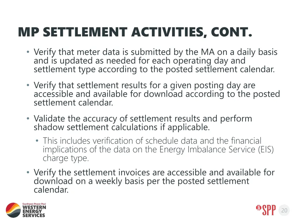 mp settlement activities cont