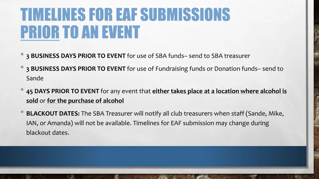 timelines for eaf submissions prior to an event