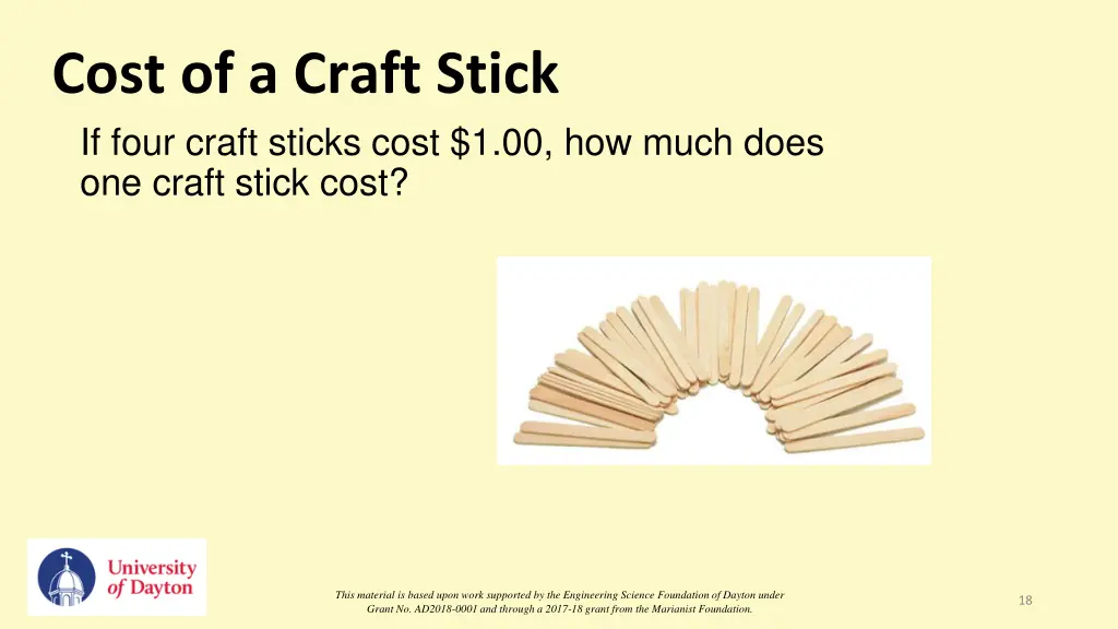 cost of a craft stick if four craft sticks cost