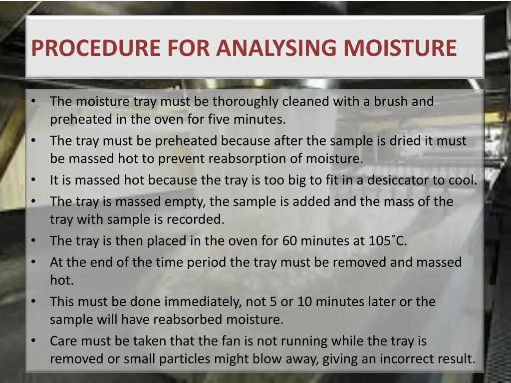 procedure for analysing moisture