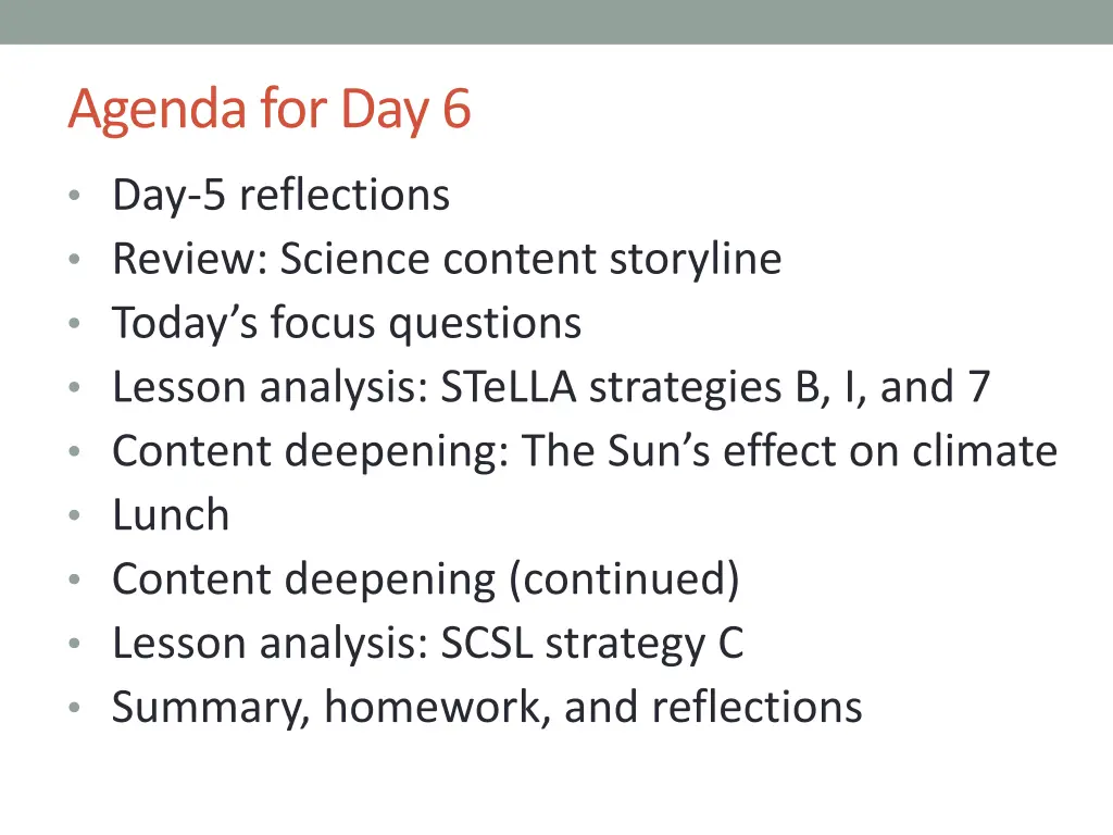 agenda for day 6