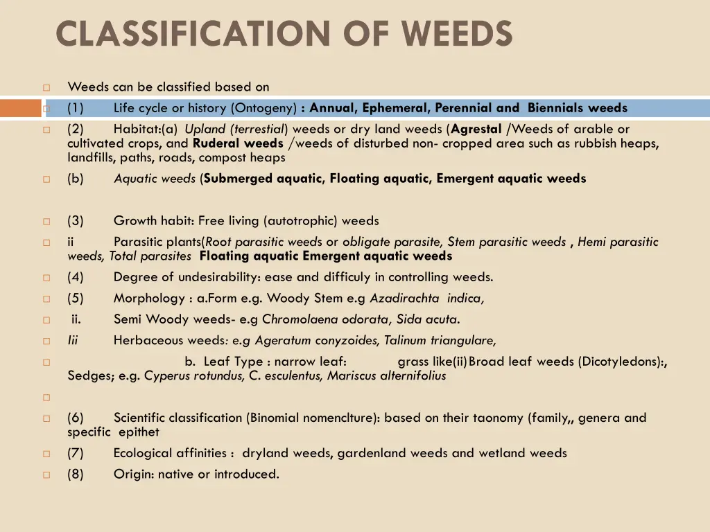 classification of weeds