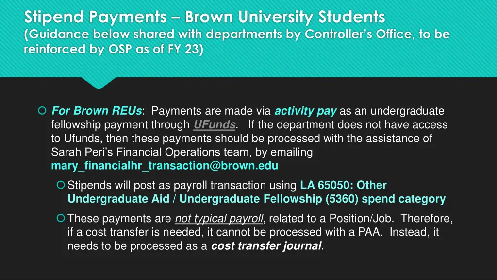 stipend payments brown university students