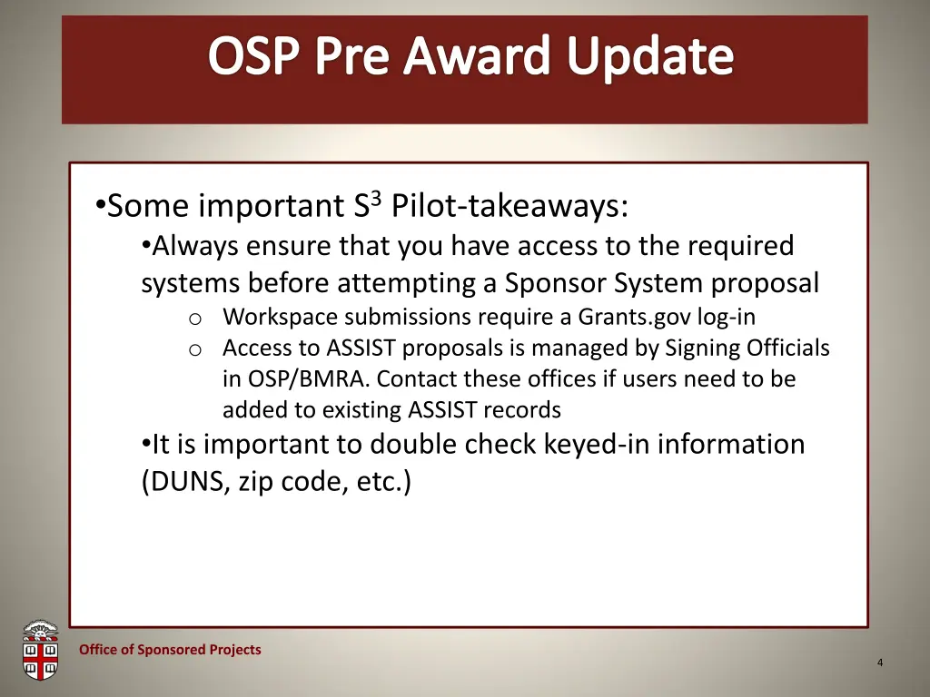 osp brown bag osp pre award update 2