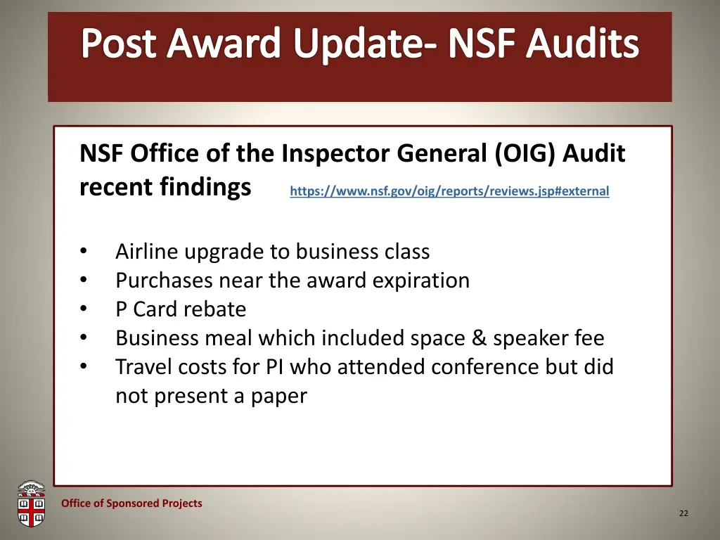 osp brown bag post award update nsf audits