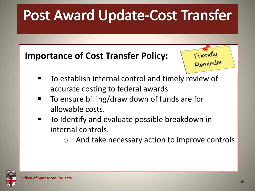 post award update cost transfer