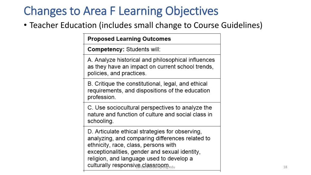 changes to area f learning objectives changes 2