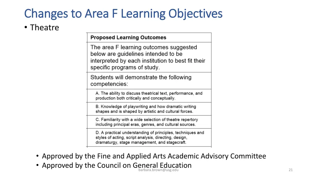 changes to area f learning objectives changes 3