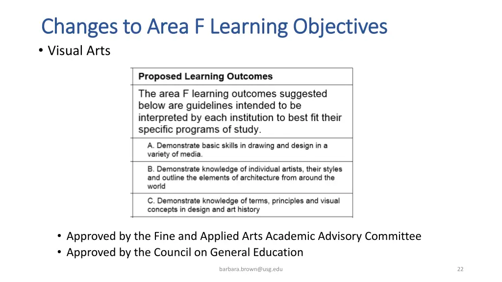 changes to area f learning objectives changes 4