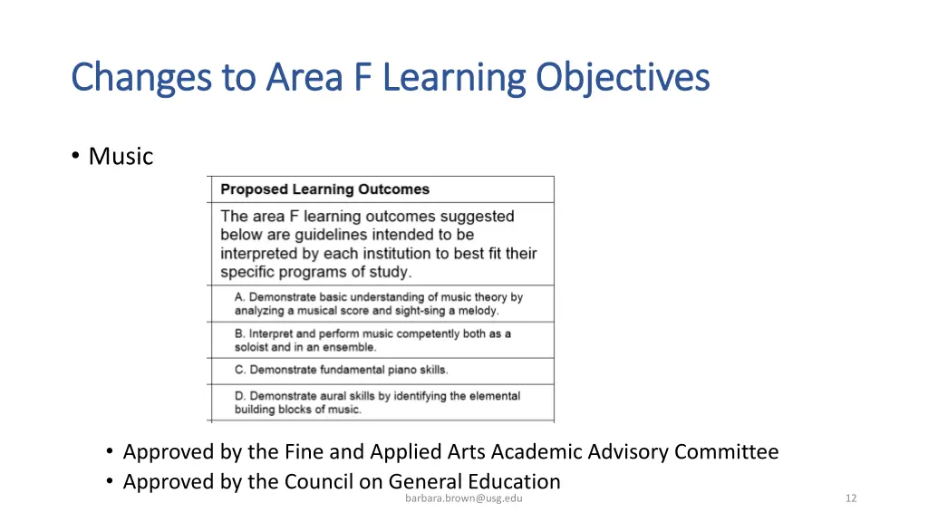 changes to area f learning objectives changes