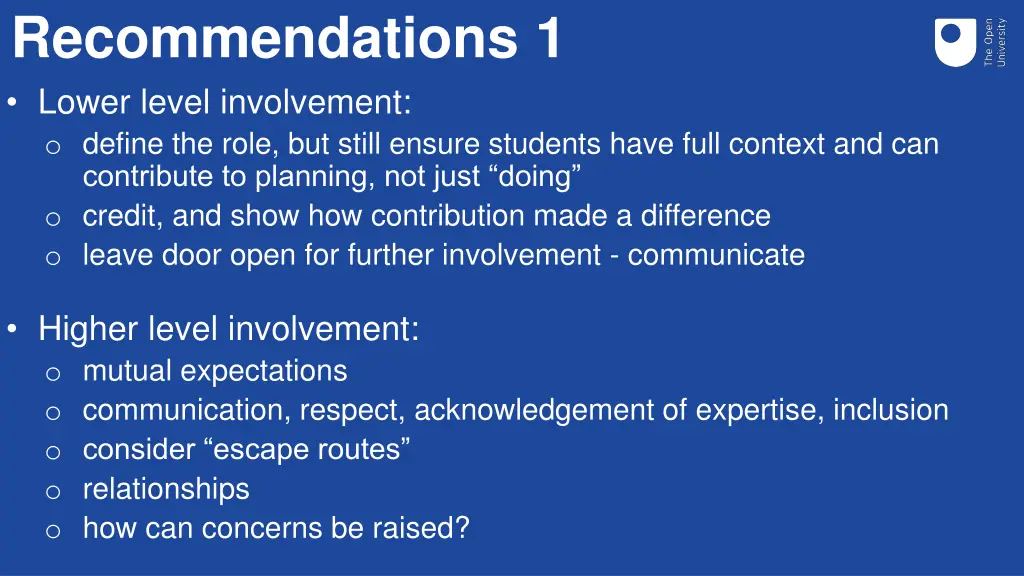 recommendations 1 lower level involvement