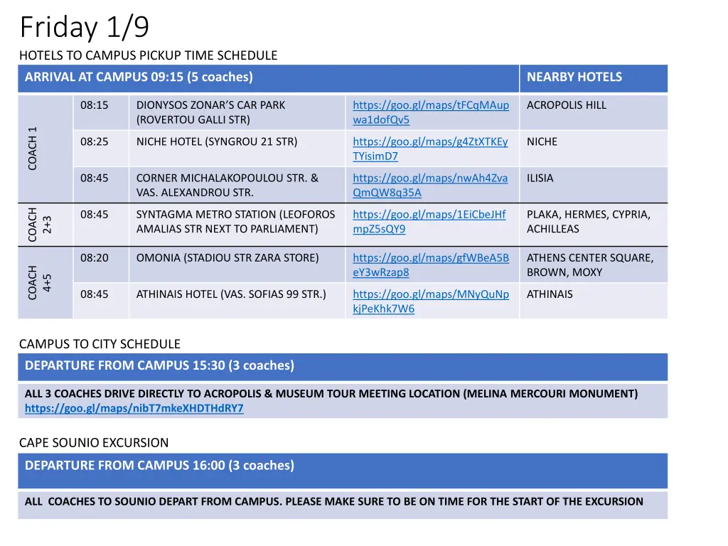 friday 1 9 hotels to campus pickup time schedule