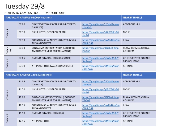 tuesday 29 8 hotels to campus pickup time schedule