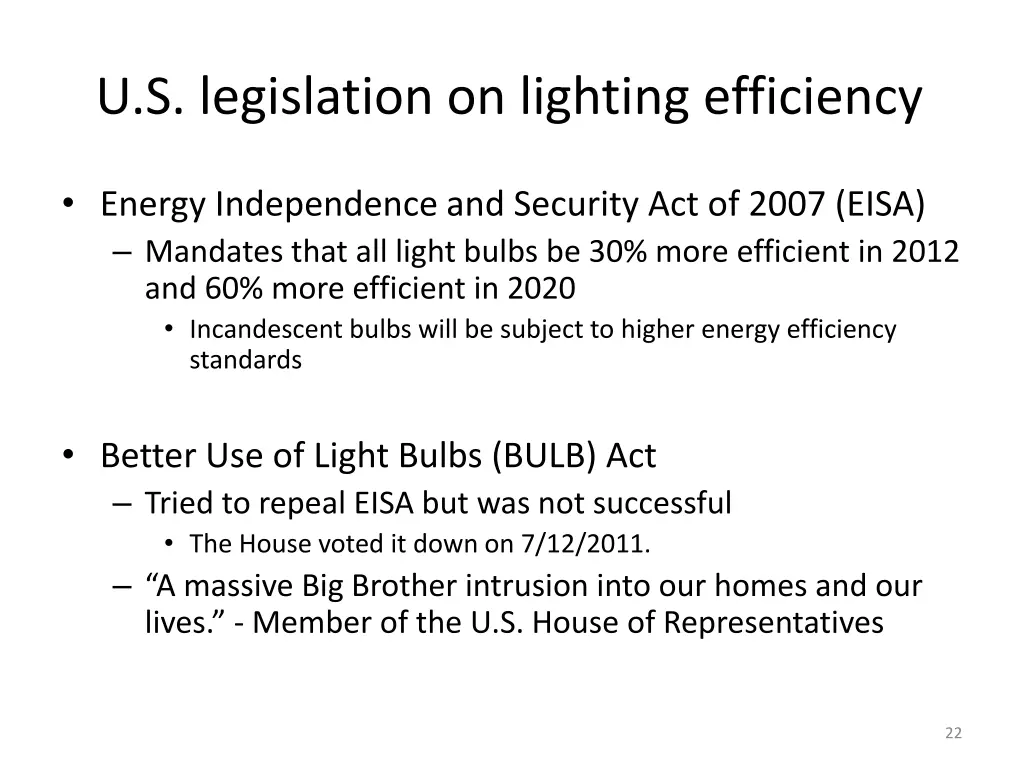 u s legislation on lighting efficiency