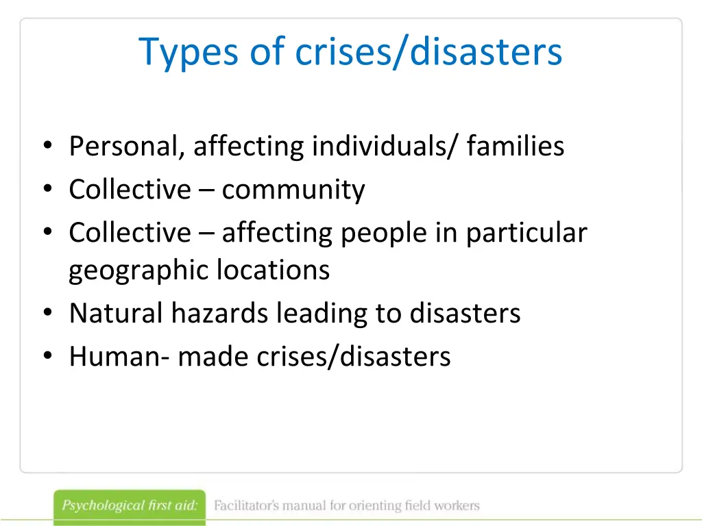 types of crises disasters