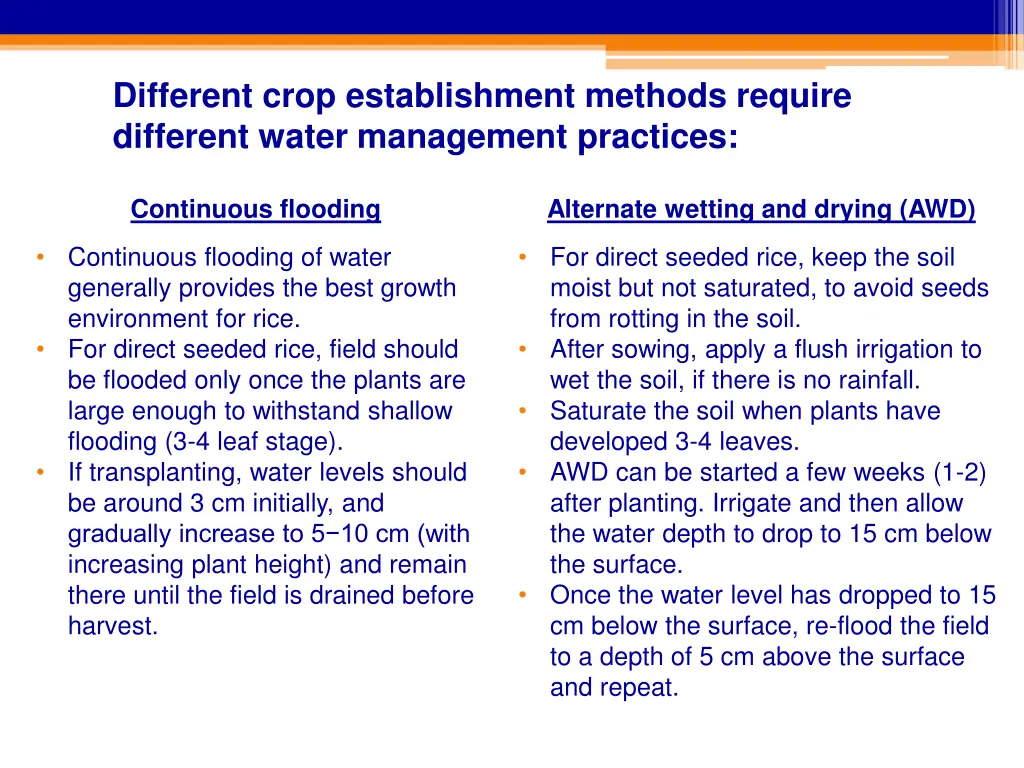 different crop establishment methods require