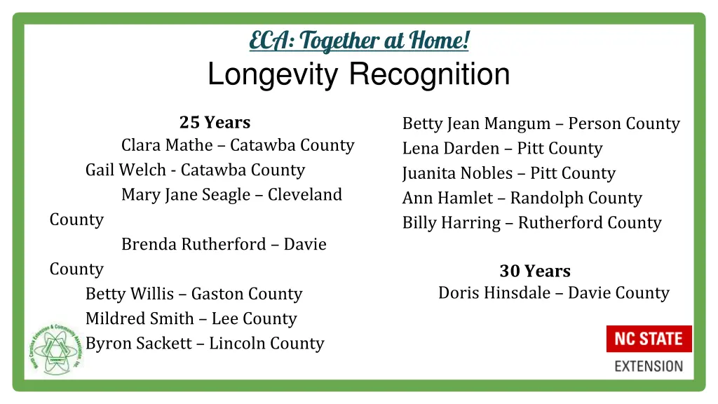 eca together at home longevity recognition