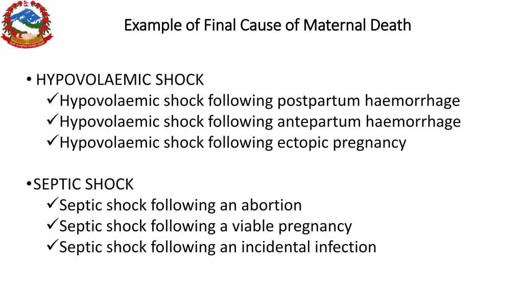 example of final cause of maternal death example