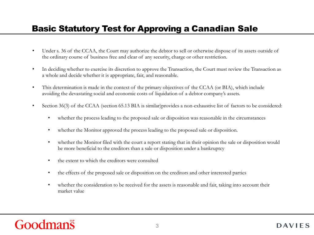 basic statutory test for approving a canadian sale