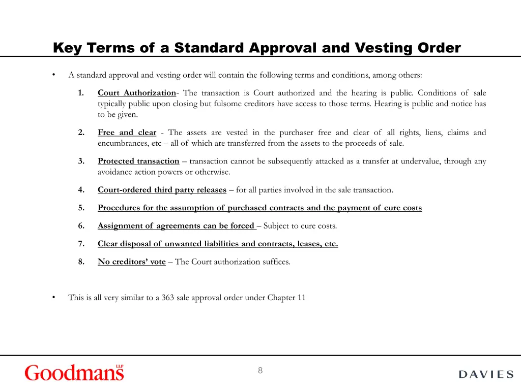 key terms of a standard approval and vesting order