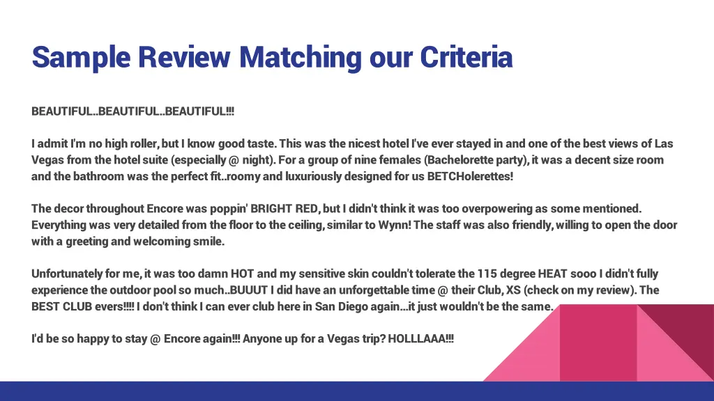 sample review matching our criteria