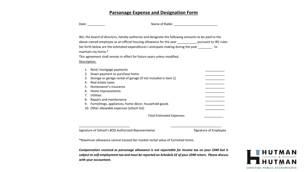 parsonage expense and designation form name