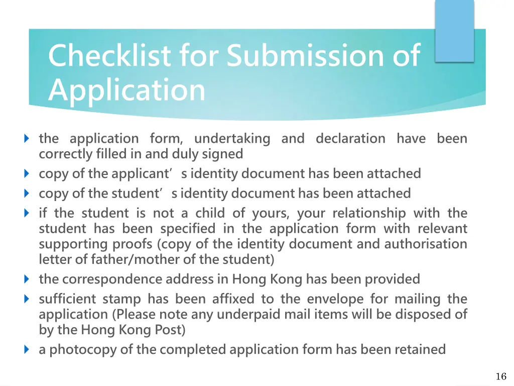 checklist for submission of application