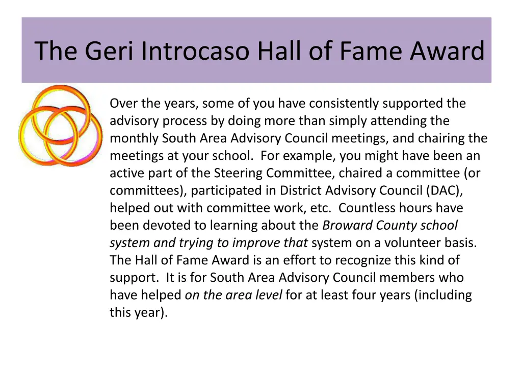 the geri introcaso hall of fame award