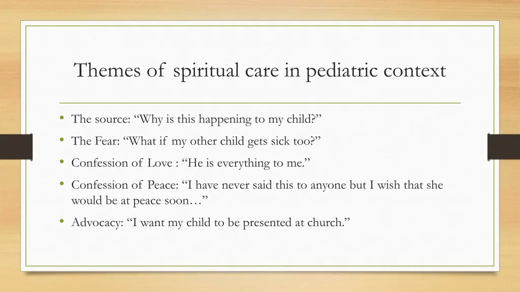 themes of spiritual care in pediatric context