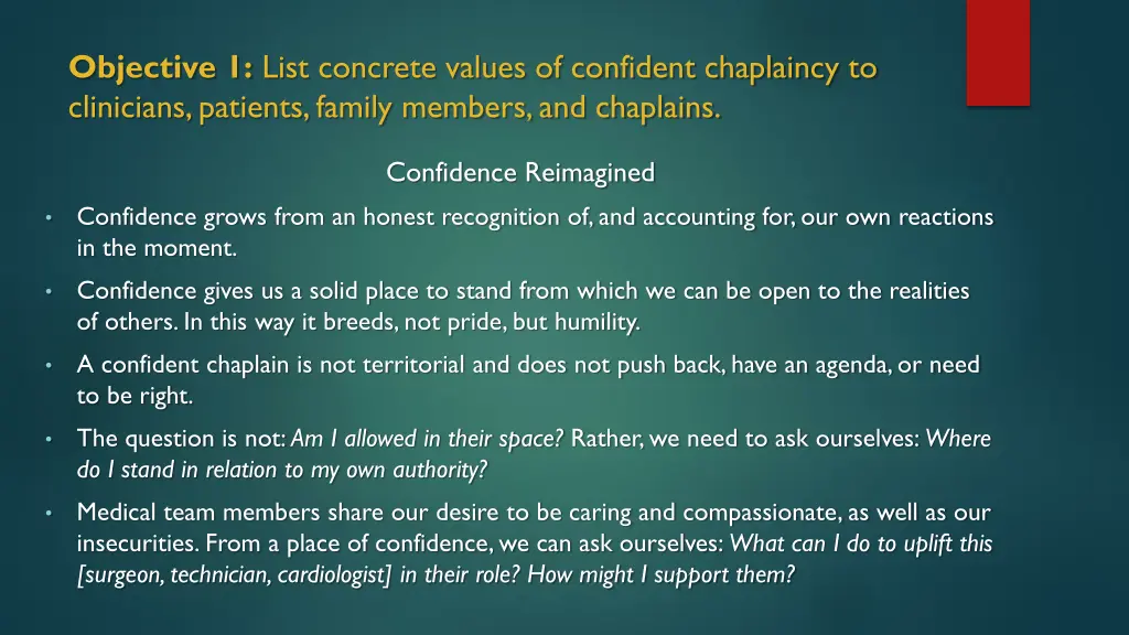 objective 1 list concrete values of confident