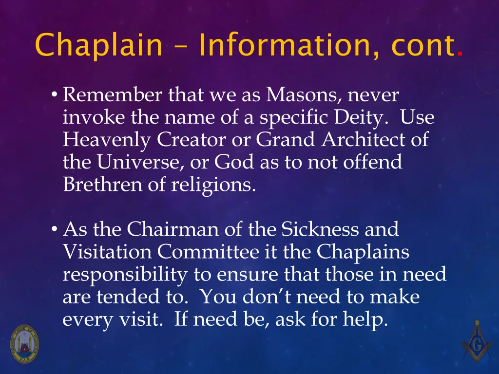 chaplain information cont