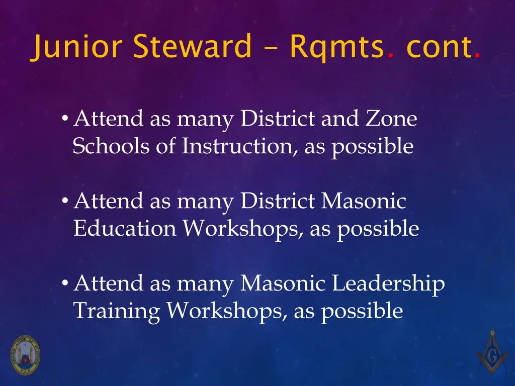 junior steward rqmts cont