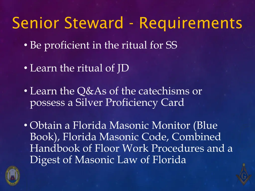 senior steward requirements