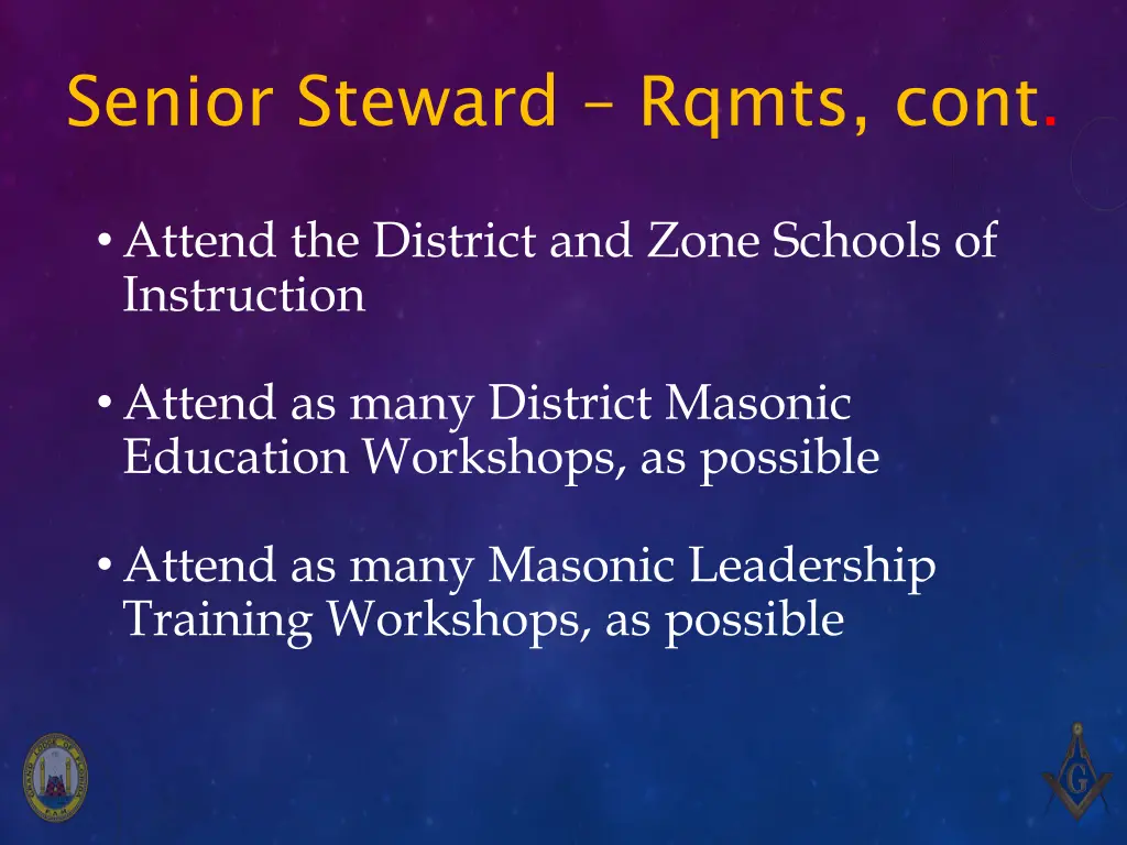 senior steward rqmts cont