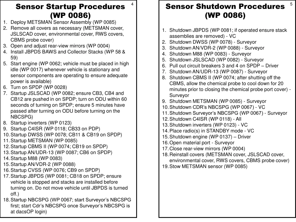 sensor shutdown procedures wp 0086