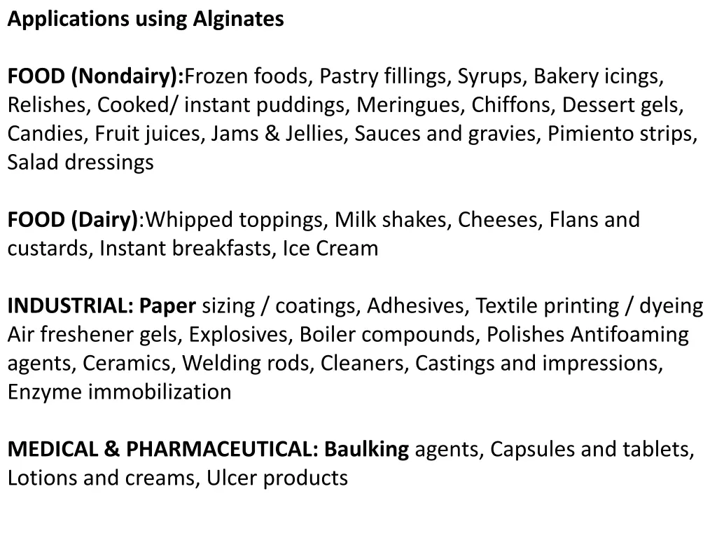 applications using alginates