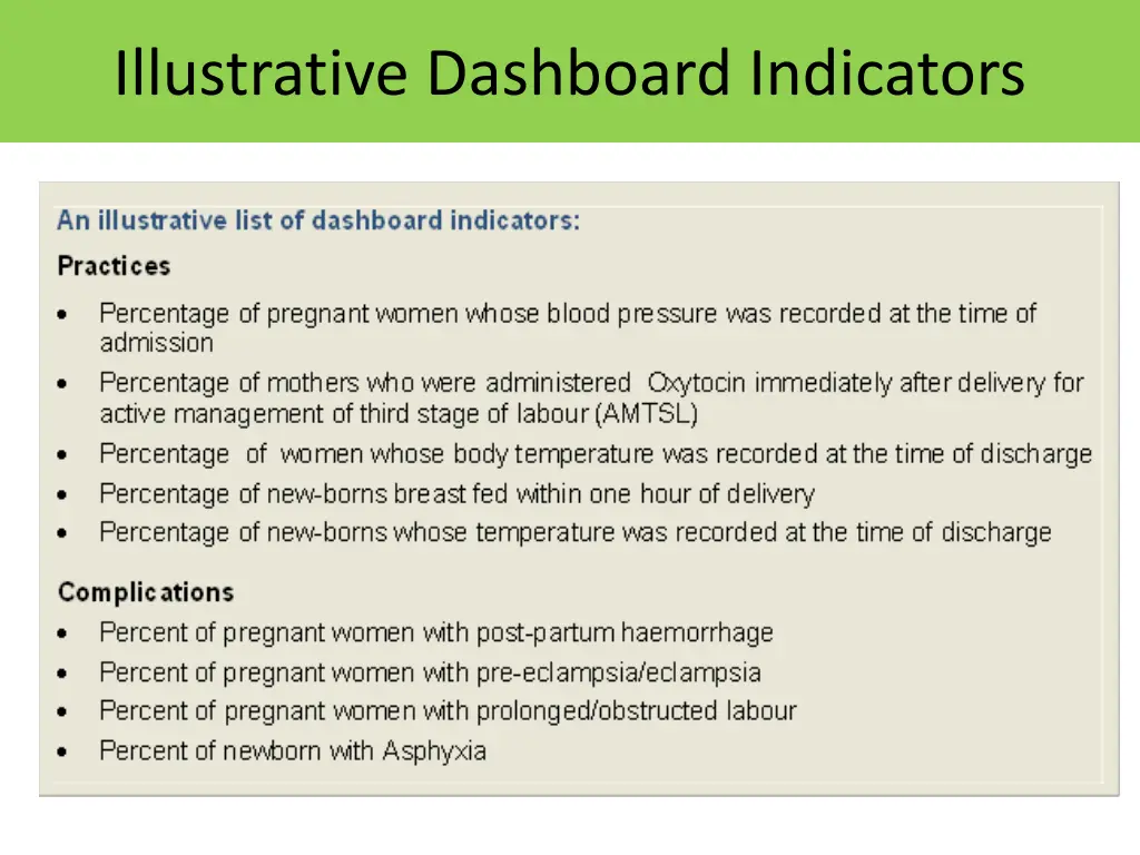 illustrative dashboard indicators