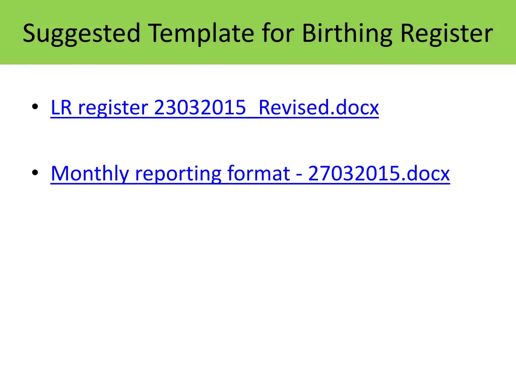 suggested template for birthing register