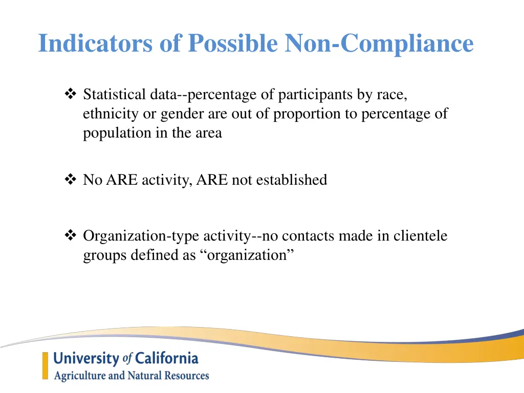 indicators of possible non compliance